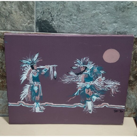 Vintage Native American Eagle Dance Canvas Painting 1994 Signed - Picture 2 of 13